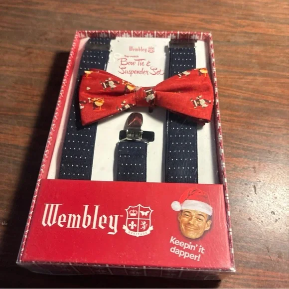 Wembley Festive Red Bow Tie and Navy Suspenders - Picture 5 of 5